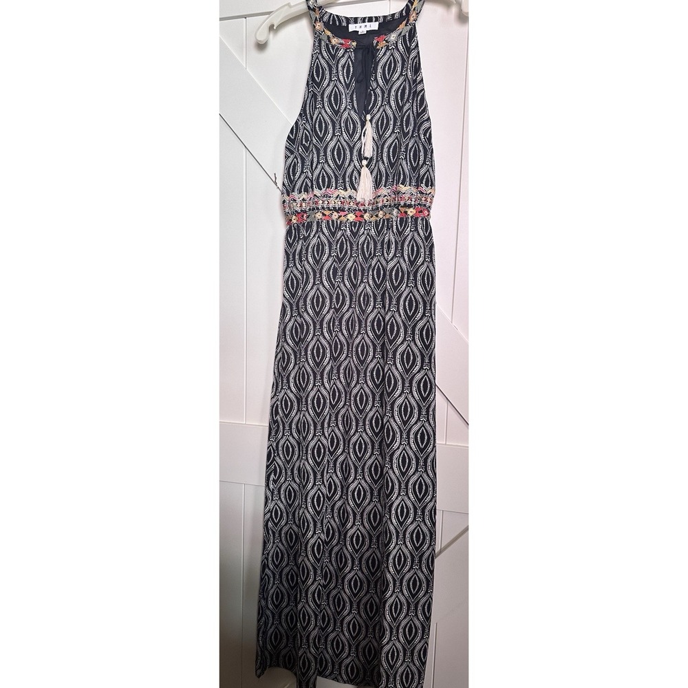 THML Anthropologie Black/Multi Tribal Maxi Sun Dress Sz S Tassel Neckline - Picture 2 of 4